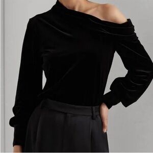 Lauren Ralph Lauren Medium Petite Top Black Velvet Pleated Off-the-Shoulder NWT